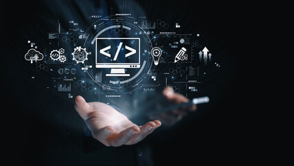Modern web development concept featuring coding symbols, web development process, web development interface, and web development tools with futuristic design. Elide