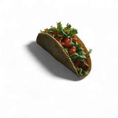 A single taco filled with meat lettuce and tomatoes isolated against a black background studio shot