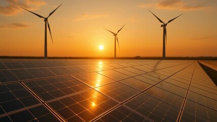 Sustainable energy solutions with solar panels and wind turbines harnessing power at sunset for greener future - Powered by Adobe