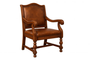 Vintage wooden armchair displaying leather upholstery, curved arms, turned legs, positioned against transparent background for interior design rendering