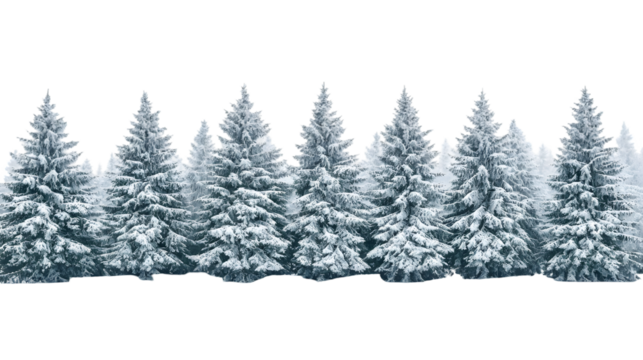 Snowy landscape with pine trees covered in snow isolated on transparent background