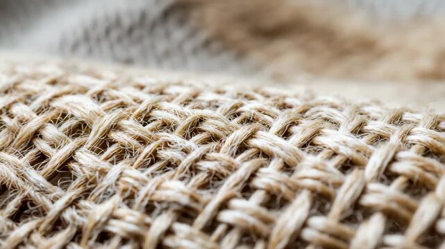 A piece of fabric with a brown and tan color. The fabric is made of yarn and has a rough texture. Closeup hemp fabric weave texture, sustainable fashion practices, neutral soft light background