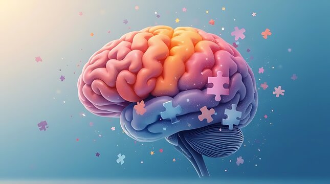 Human brain illustration with colorful sections and puzzle pieces floating around, representing memory, cognition, and mental health. - Powered by Adobe