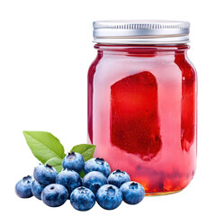 Delicious blueberry jam in a jar with fresh blueberries and green leaves.