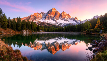 Sunrise Over Alpine Lake with Mountain Reflection