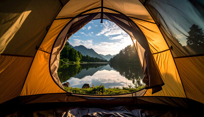 Sunrise Over Calm Mountain Lake Seen From Inside a Yellow Tent