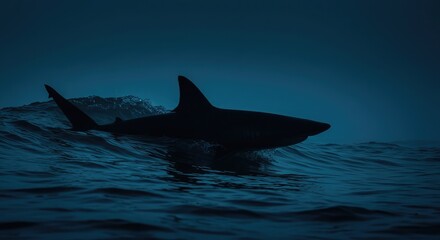 Fototapeta premium Silhouette of a shark in the dark ocean waves.