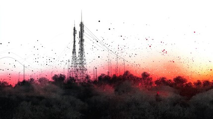 Silhouetted cityscape, abstract, digital art,  trees,  tower,  sunset