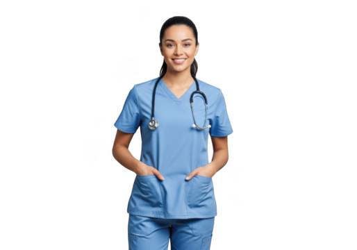 A smiling female healthcare professional wearing blue scrubs and a stethoscope, isolated on transparent background - Powered by Adobe