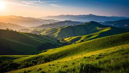 Naklejka premium Sunrise Over Lush Green Rolling Hills
