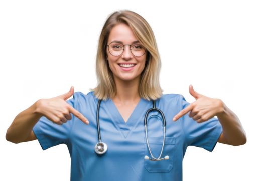 Young female doctor or nurse in blue scrubs wearing glasses and stethoscope, smiling and pointing down, isolated on transparent background