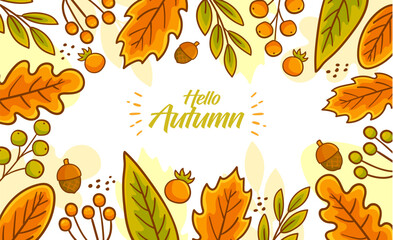 Bright autumn background with colorful fall leaves, maple, and oak branches. Perfect seasonal vector design and illustration for banners, wallpapers, Thanksgiving, and nature-themed projects.