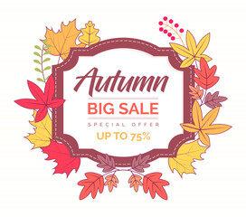 Autumn sale banner with vibrant fall leaves in orange, yellow, and red. Festive design with "Get up to 25%,50%,70% off" text, perfect for seasonal promotions, marketing, and social media campaigns.