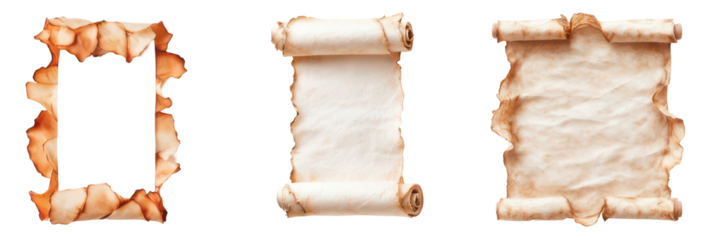 A collection of weathered parchment scrolls and a framed paper border against a black backdrop.