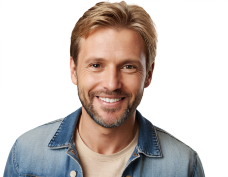 Happy Caucasian man in light denim jacket, studio portrait, smiling broadly, neutral beige background, bright friendly expression, healthy teeth, casual style, positive mood, clean-shaven, blond hair.