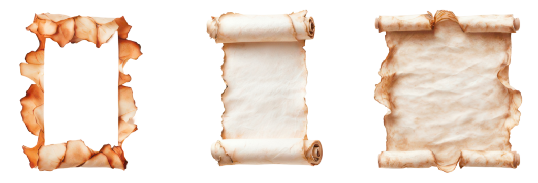 A collection of weathered parchment scrolls and a framed paper border against a black backdrop.