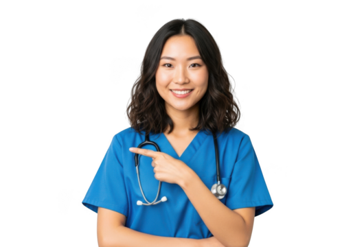 Young asian female doctor or nurse in blue scrubs pointing to the side, isolated on transparent background