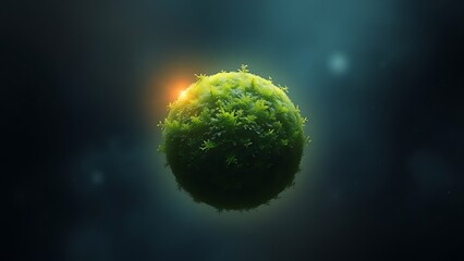 Lush green planet suspended in space with glowing atmosphere and vibrant cosmic vegetation.