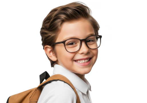 Happy young boy with glasses and backpack smiling, isolated on transparent background