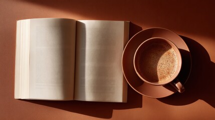 Open Book Beside a Cup of Steaming Coffee on a Warm Surface in a Cozy Indoor Setting During Morning Light