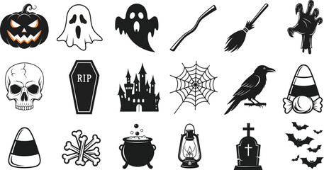 Collection of halloween elements featuring pumpkin, ghost, broom, skull, coffin, castle, spiderweb, crow and more