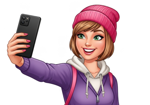 Young woman taking a selfie with her smartphone, smiling happily, wearing a pink beanie and purple hoodie, isolated on transparent background