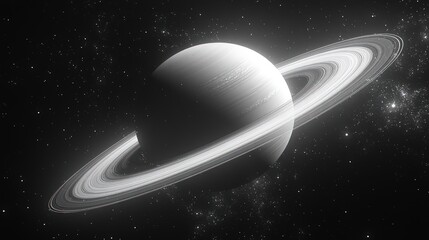 Monochromatic planet with rings against a starry backdrop