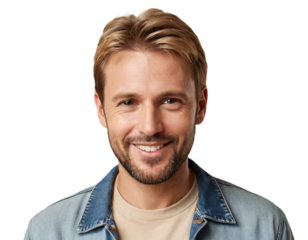 Happy Caucasian man in light denim jacket, studio portrait, smiling broadly, neutral beige background, bright friendly expression, healthy teeth, casual style, positive mood, clean-shaven, blond hair.