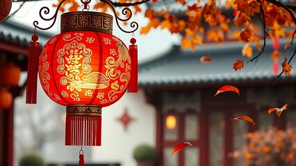 Vibrant red lantern with gold patterns glowing in a traditional courtyard, celebrating China National Day.