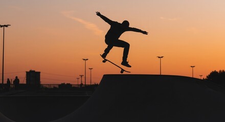 Skateboarder performing a trick at sunset in a skatepark.
