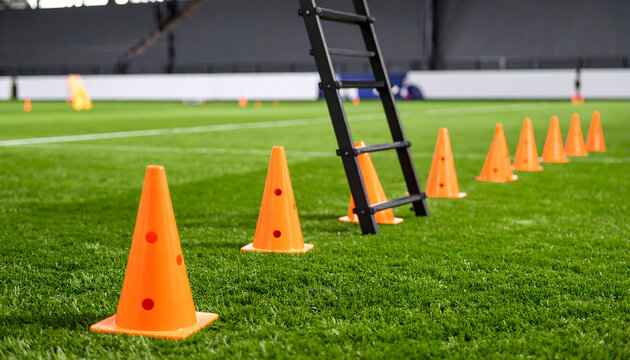 Indoor Soccer Agility Training with Orange Cones and Black Ladder