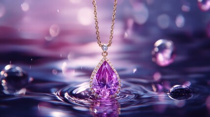 Exquisite amethyst gemstone pendant suspended in reflective ethereal waterscape scene