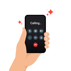 Hand holding smartphone with a call screen displaying icons and ending a call. Vector illustration of the concept of communication, mobile connectivity, and digital technology. vector