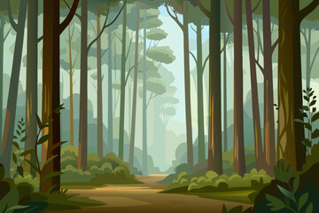 A serene forest landscape with a dirt path and tall trees in sunlight