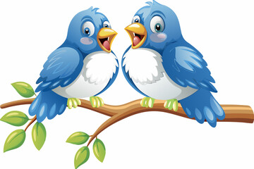 Two blue birds sitting on a tree branch talking to each other