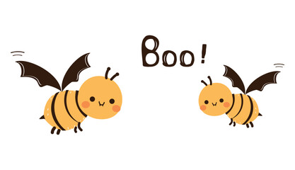 Halloween party with bee cartoons, bat wings and hand written fonts sign isolated on white background vector.