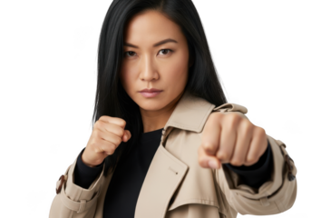 Determined asian woman in a trench coat, fists clenched and ready to fight, isolated on transparent background