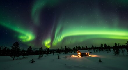 Aurora borealis over wooden cabin in winter landscape