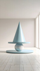 Light Blue Geometric Shapes on White Platform in Minimalist Interior