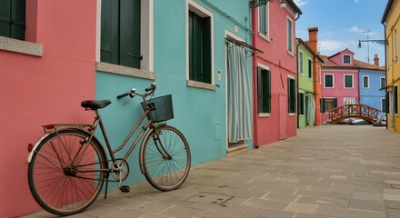 Colorful buildings and bicycle in narrow street