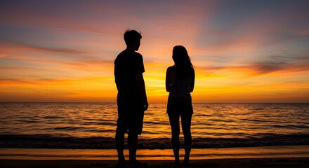 Couple silhouette sunset beach