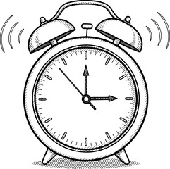 Ringing alarm clock with sound waves, with hand-drawn style