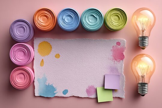 Colorful paint containers, paper, and light bulbs on pink background - Powered by Adobe