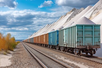 Fototapeta premium Freight train wagons with colorful containers standing on tracks near piles of minerals under blue sky