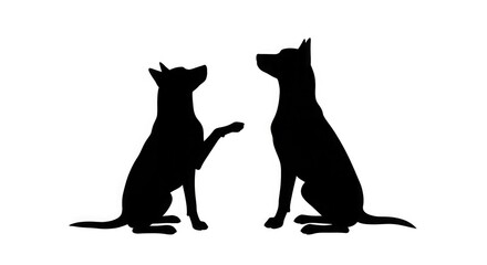 Two black dog silhouettes sitting on a white background, one dog with a paw raised in a gesture of interaction.