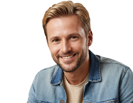 Happy Caucasian man in light denim jacket, smiling warmly against a beige background; studio portrait, casual style, positive mood, friendly expression, attractive male model.
