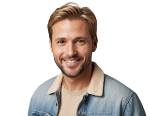 Happy Caucasian man in light denim jacket, studio portrait, smiling broadly, neutral beige background, bright friendly expression, healthy teeth, casual style, positive mood, clean-shaven, blond hair.
