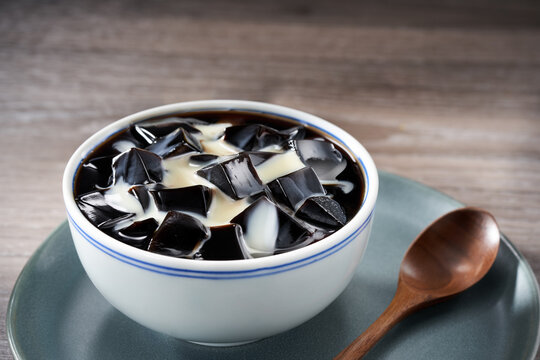 Traditional sweet soup dessert from Guangdong and Guangxi, China, Guilinggao with condensed milk