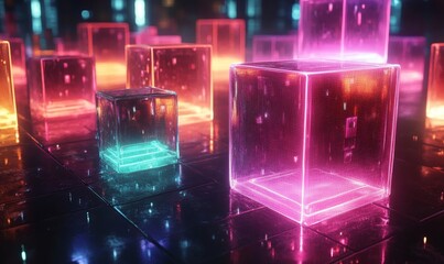 Digital transformation concept featuring glowing 3D cubes, highlighting innovation, connectivity, and futuristic technology in a rapidly evolving digital landscape, Generative AI