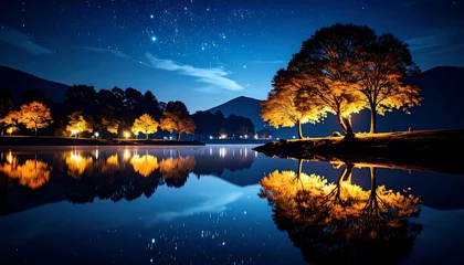 Keuken achterwand Reflectie Night scene of illuminated trees reflected in calm water under a starry sky  © barber
